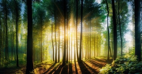 Rays of sunlight through a beautiful green forest landscape background. Generative AI.