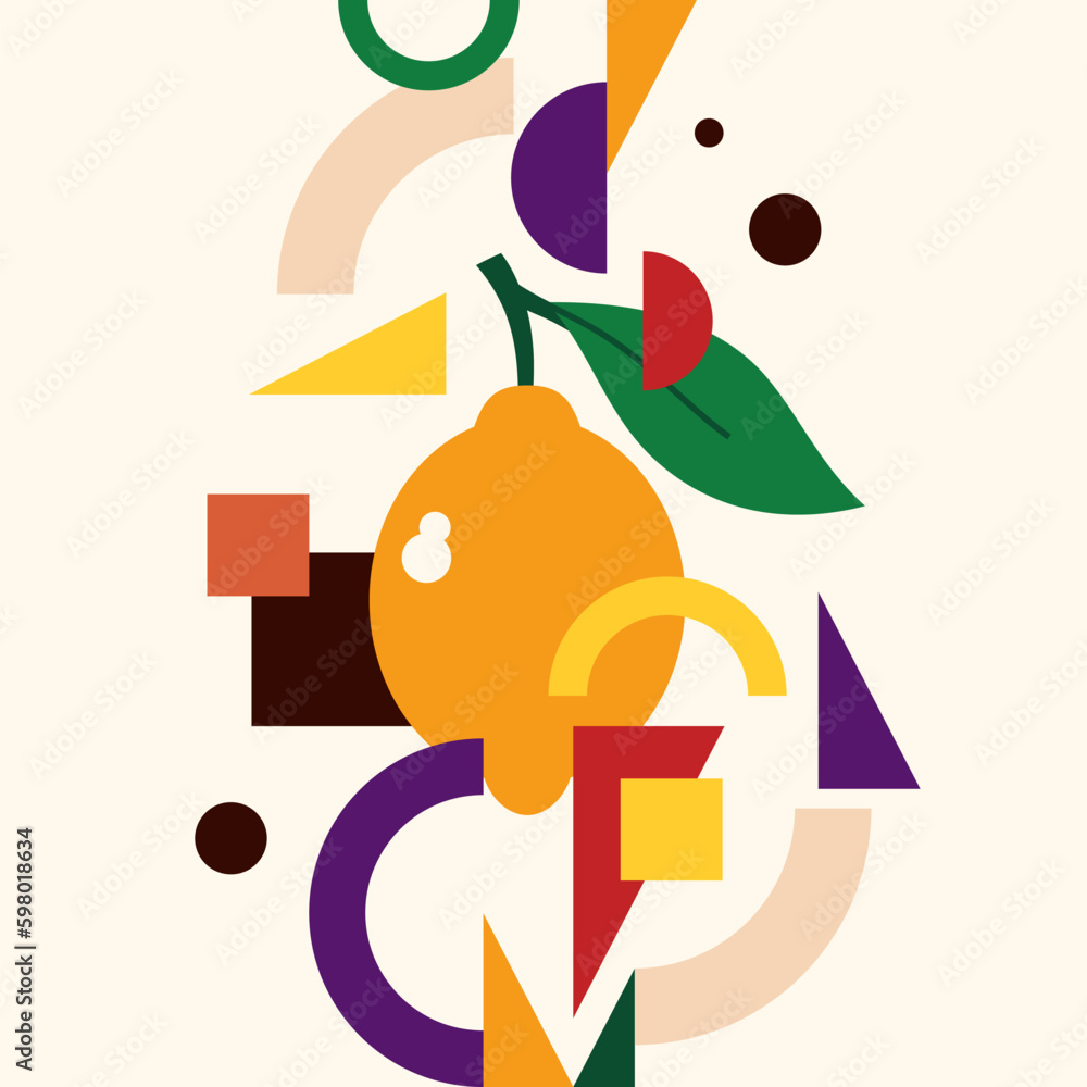 Poster vector graphics in a minimalistic fashionable style with geometric elements. illustration of a lemon