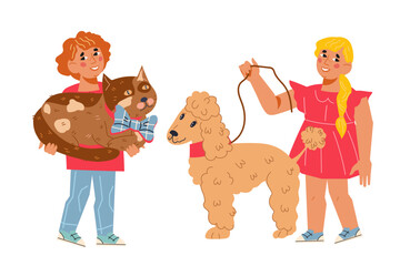 Children hugging their pets flat vector illustration isolated on background. Happy kids with dog and cat for pets care and friendship theme.