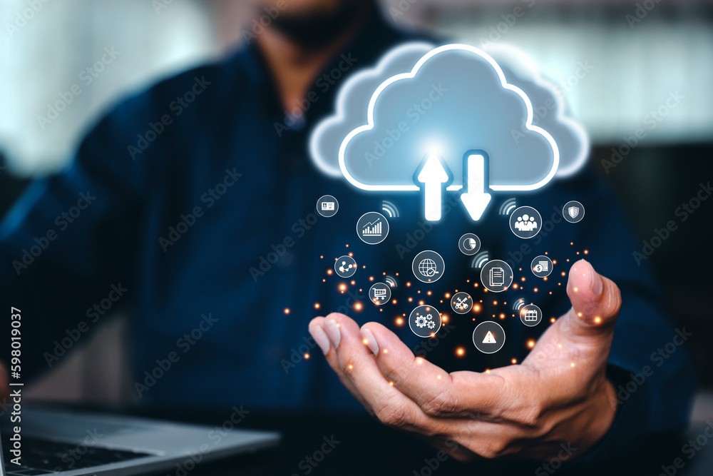 Aufkleber database storage cloud technology file data transfer sharing, cyber, big data information for financ