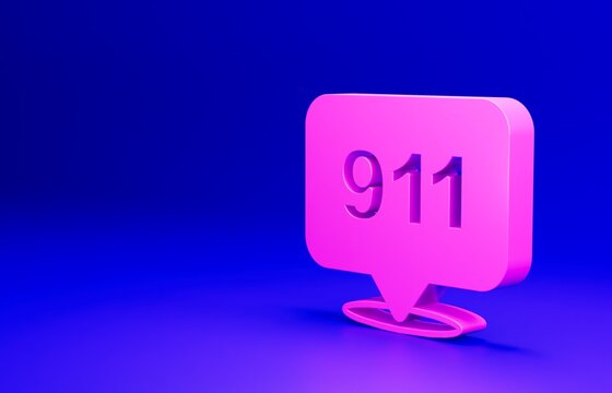 Pink Telephone with emergency call 911 icon isolated on blue background. Police, ambulance, fire department, call, phone. Minimalism concept. 3D render illustration © Kostiantyn