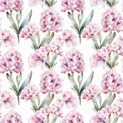 Seamless pattern with many pink hyacinths on white background in watercolor style. Generative AI.