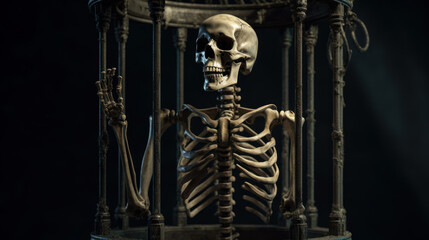 Fototapeta na wymiar Skeleton hanging in a cage, generative ai