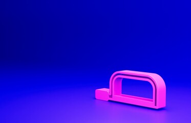 Pink Hacksaw icon isolated on blue background. Metal saw for wood and metal. Minimalism concept. 3D render illustration