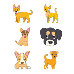 Cute dogs doodle vector set. Cartoon dog or puppy characters design collection with flat color in different poses. Set of funny pet animals isolated on white background. Doodle dog print.