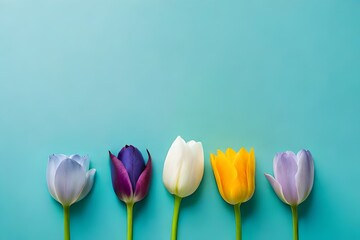 Top view multicolored spring tulips, blue flowers on pastel blue background with copy space
