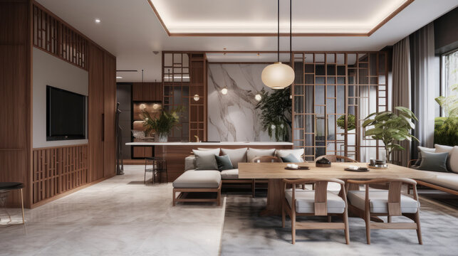 Residental apartment living room and dining room with kitchen and furniture in modern style, generative ai