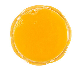 Squeezed orange juice natural in glass isolated on white, top view