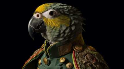 Senegal parrot in a hussar military suit looking like human, generative ai