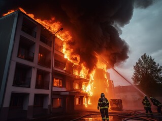 fire burns out of a building, light orange and blue