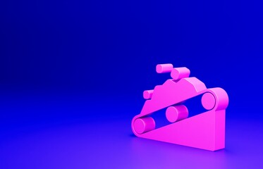 Pink Conveyor belt carrying coal icon isolated on blue background. Minimalism concept. 3D render illustration