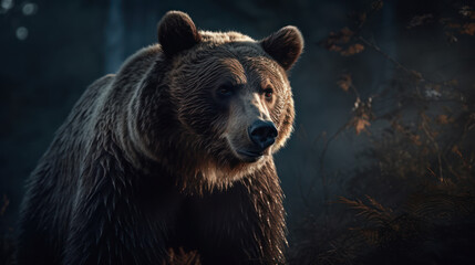 Fototapeta premium brown bear in the forest, grizzly bear in dark, generative ai