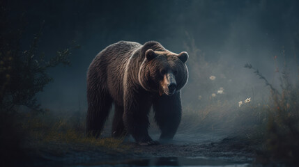 brown bear in the forest, grizzly bear in dark, generative ai - obrazy, fototapety, plakaty