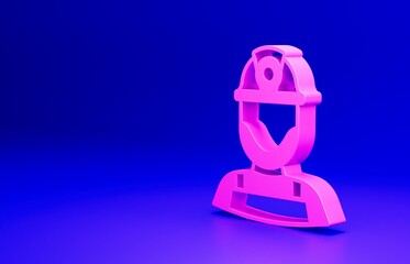 Pink Miner in a helmet icon isolated on blue background. Minimalism concept. 3D render illustration