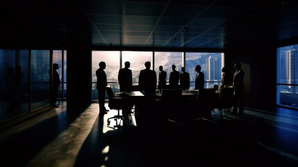 In shadowy office meeting room, silhouettes of business people communicate their strategies Generative AI