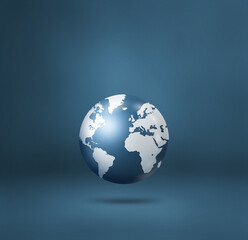 World globe, earth map, isolated on blue. Square background