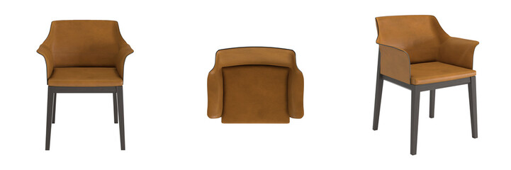 Chair in front, side and Top angles, interior furniture on white background, chair in different positions, Set of three chairs in different view angles, different angle, chairs set in various points o