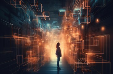 Walking in a futuristic city. Generative AI. Future concept. Hi-tech cities. 