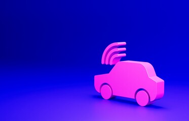 Pink Smart car system with wireless connection icon isolated on blue background. Remote car control. Minimalism concept. 3D render illustration
