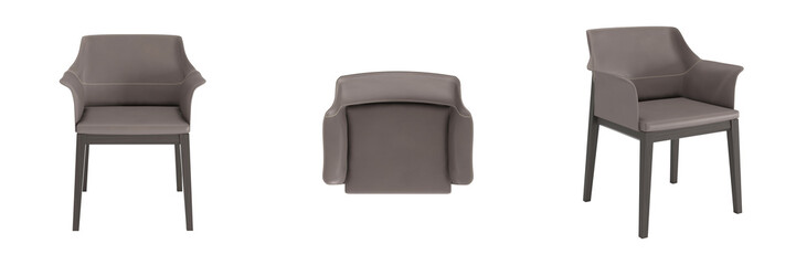 Fototapeta premium Chair in front, side and Top angles, interior furniture on white background, chair in different positions, Set of three chairs in different view angles, different angle, chairs set in various points o