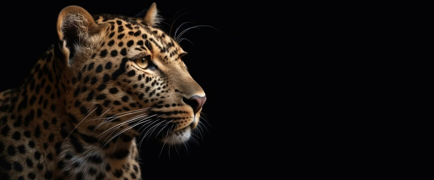 Cheetah head, a large carnivorous animal close-up. Panoramic image of the head of a predatory animal on the leftward on a black isolated banner background. Generative AI.