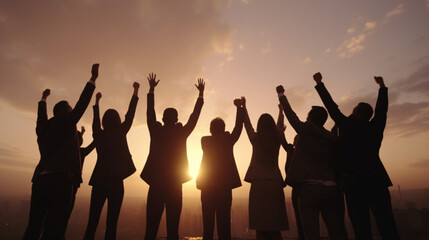 Plakat A diverse business team raises their arms triumphantly during a stunning sunset Generative AI