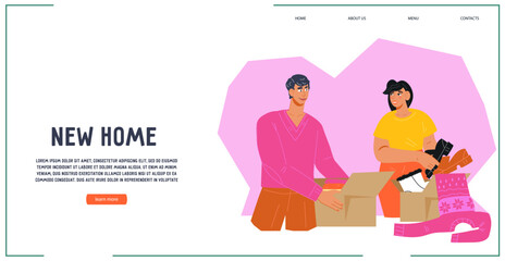 Website landing page template for house moving and real estate purchases, new home purchases and mortgages concept. House moving and relocation, flat vector.