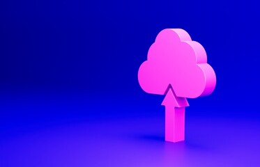 Pink Cloud upload icon isolated on blue background. Minimalism concept. 3D render illustration