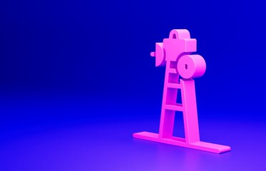 Pink Satellite dish icon isolated on blue background. Radio antenna, astronomy and space research. Minimalism concept. 3D render illustration