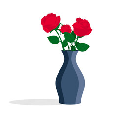 Table vase with fresh flowers. Beautiful red roses in vase on white background. Table Flower Vase in flat illustration. vector