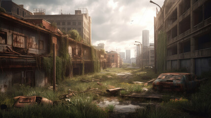 A desolate cityscape with ruins, vegetation and rusty old cars, generative ai