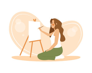 Smiling woman artist drawing on easel. Young creative girl begins to paint a new picture on blank canvas. Flat cartoon vector character. Concept of art hobby or occupation