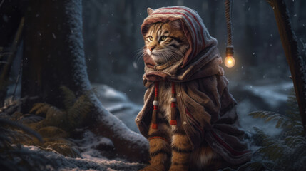 Tiny cute and adorable tiger with coat in winter, generative ai