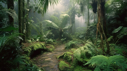 Fototapeta na wymiar Humid tropical jungle with sun and fog around, generative ai