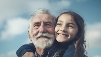 Grandpa spending time with his granddaughter. Family concept. Generative AI illustrations - obrazy, fototapety, plakaty