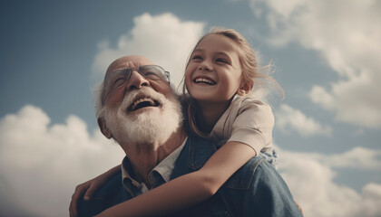 Grandpa spending time with his granddaughter. Family concept. Generative AI illustrations - obrazy, fototapety, plakaty