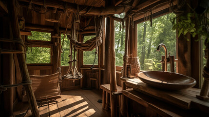 Fototapeta na wymiar Cozy and natural scene inside an open wooden house in a sunny forest, generative ai