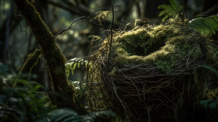 Nest created from moss hanging on tree in forest, generative ai