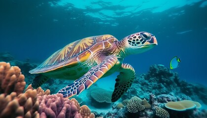 Fototapeta na wymiar Sea turtle swimming in the under sea , Beautiful Underwater and colorfull coral in wild nature of the Pacific Ocean