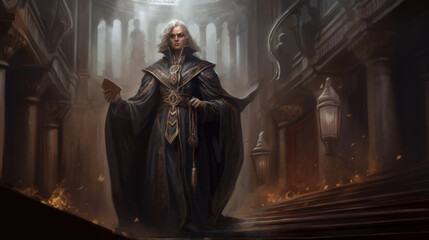 Naklejka premium Old priest in long coat with cape in church, fantasy visualisation of priest, generative ai