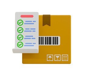 3d minimal order checklist. good delivery concept. product orders. cardboard box with a checklist note. 3d rendering illustration.