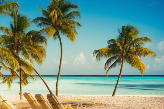Beautiful tropical beach with turquoise water and coconut palm trees
