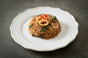 fried rice with squid and basil in Thai style
