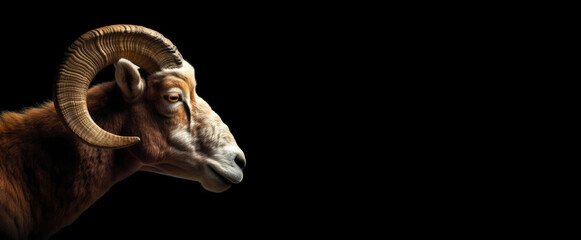 Mountain sheep head, a herbivore animal close-up. The image on the left, the mountain sheep head on the black isolated panoramic background of the banner. Generative AI.