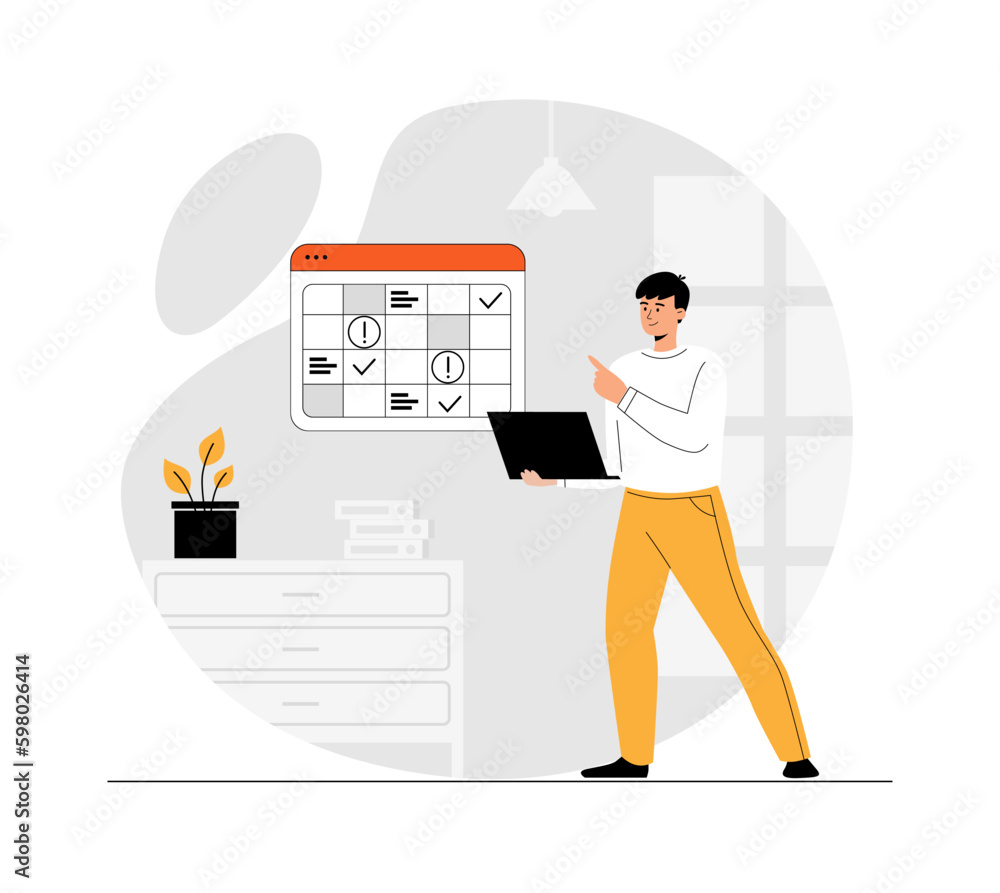 Poster effective time management concept. businessman planning schedule on calendar and organizing workflow
