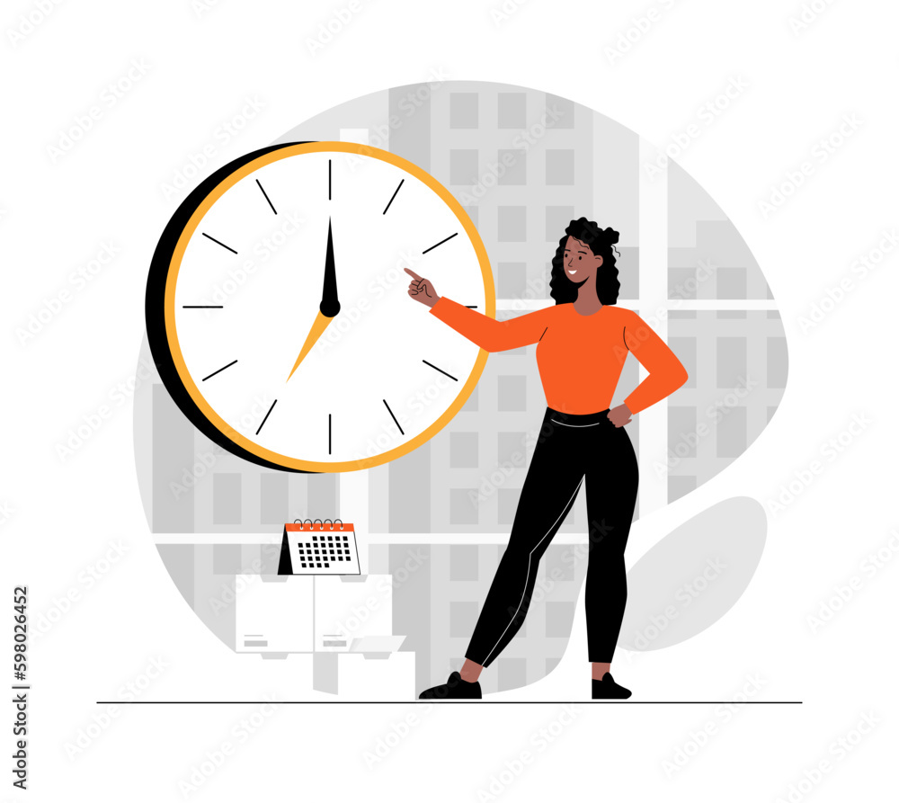 Poster time management concept. woman with a big clock, controls time and project management. completing ta