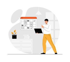 Effective time management concept. Businessman planning schedule on calendar and organizing workflow. Illustration with people scene in flat design for website and mobile development.