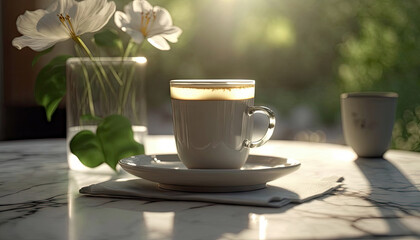 Coffee in cup on wooden table with flowers in spring season, calm and relax coffee, hot beverage, Morning drinks with Generative AI.