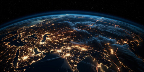 Erde vom All aus bei Nacht mit vielen Lichtern, ai generativ