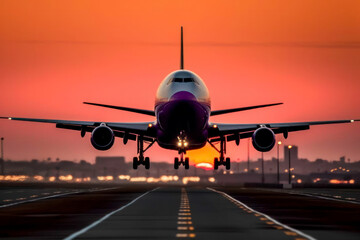 airplane landing at sunset. Generative AI - obrazy, fototapety, plakaty